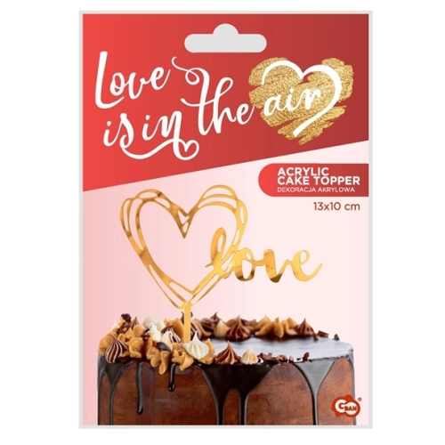 Topper ozdoby na tort serce napis Love dekoracje serduszko złote walentynki